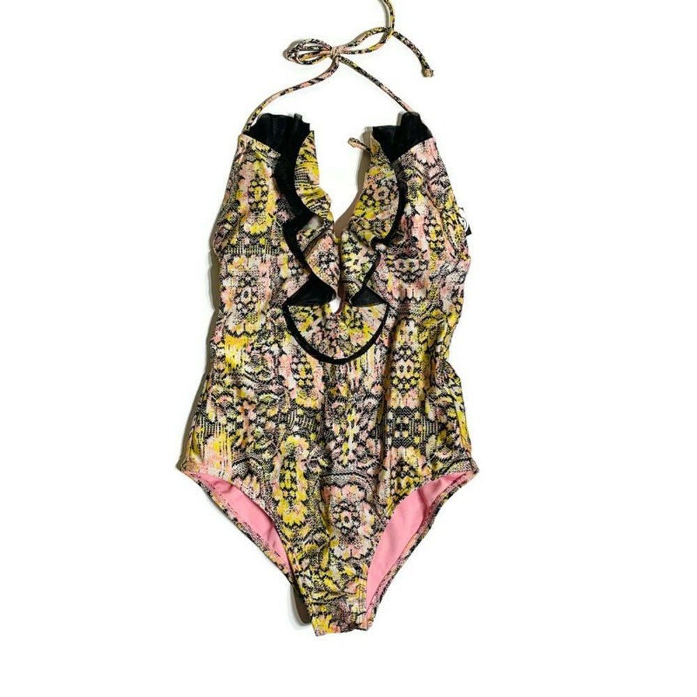 VOLCOM ruffled tulle front one piece bathing suit